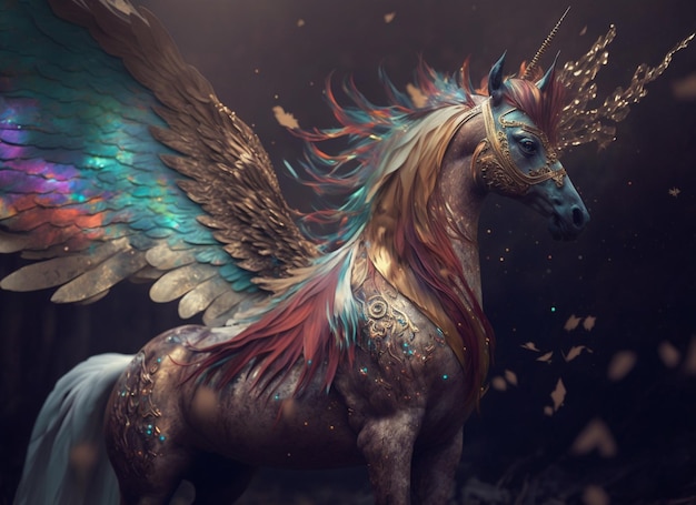 A unicorn with a rainbow mane and wings