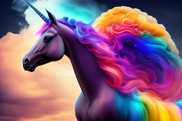 Un unicorno con una criniera arcobaleno e la parola unicorno sopra