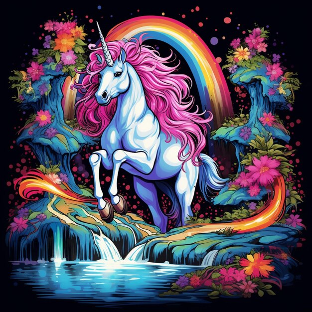 unicorn with rainbow and waterfall in the background generative ai