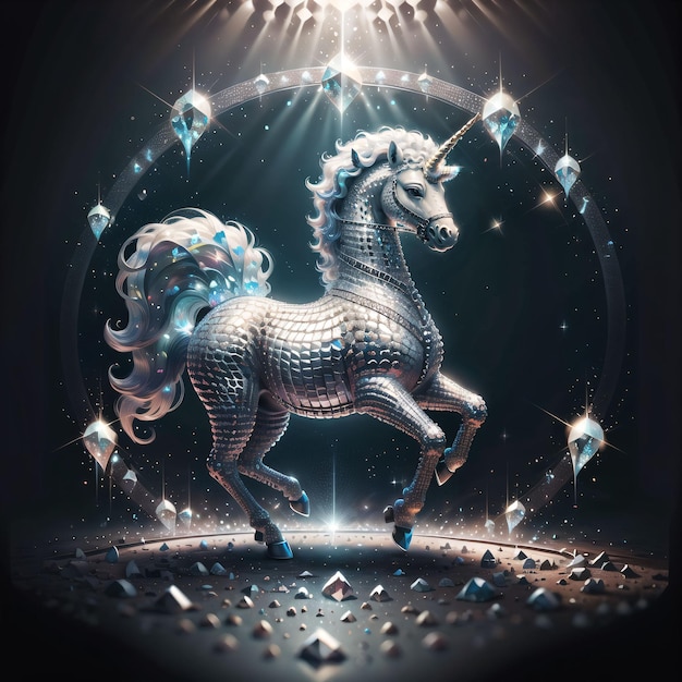 A unicorn with silver hair and blue eyes is standing in front of a circle of diamonds.