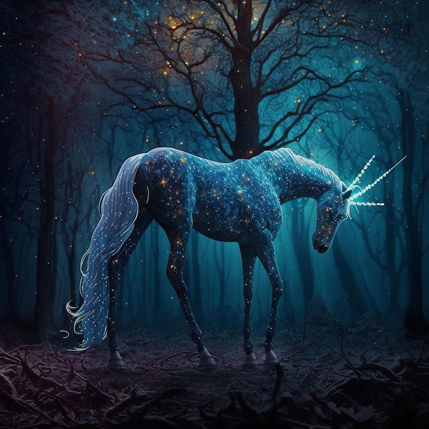 A unicorn with stars on its head is in a forest.