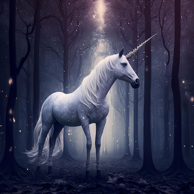 A unicorn with a white mane stands in a forest.