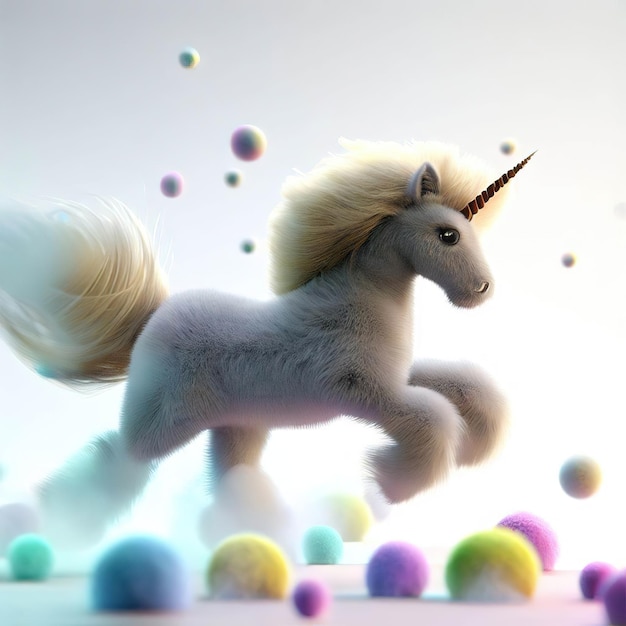 A unicorn with a white mane and tail is running through a field of colorful balls.