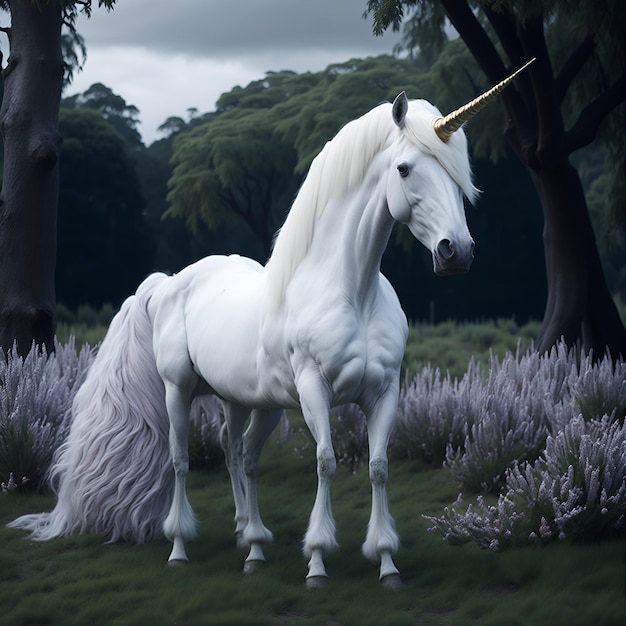 A unicorn with a white tail and a tail is standing in a field.