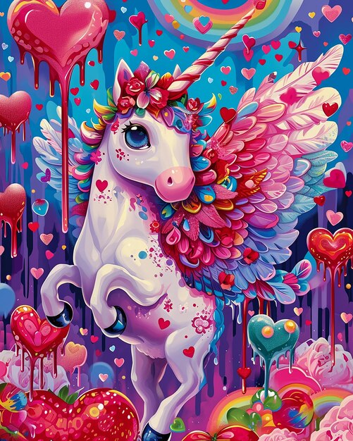 Photo a unicorn with wings and hearts on it is a painting of an unicorn