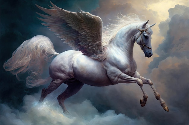 A unicorn with wings is flying in the sky.