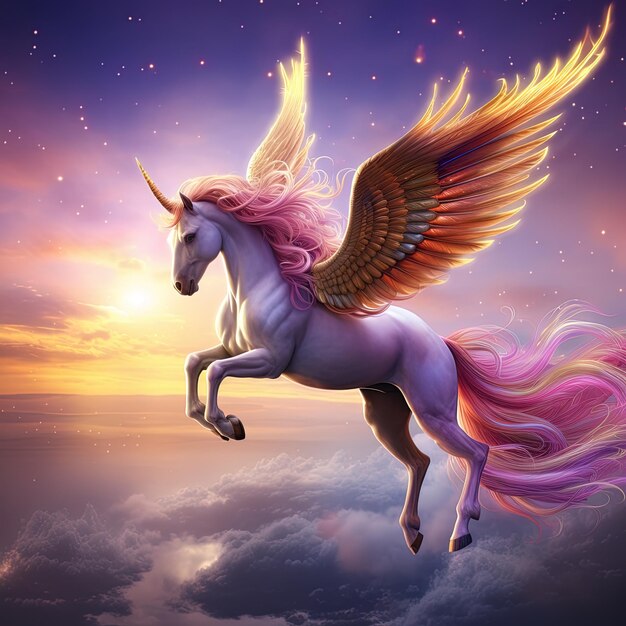 Photo a unicorn with wings that has the wings up and the wings are flying in the sky