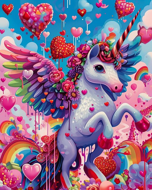 Photo an unicorn with wings and wings on it is covered in hearts and hearts