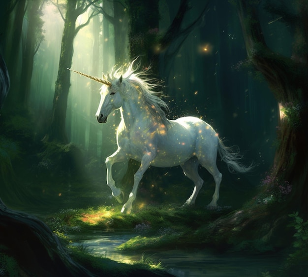 Unicorn in the woods with a stream of water running through it generative ai