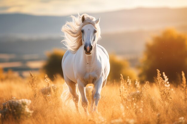 A unicornlike white horse galloping freely through an open field