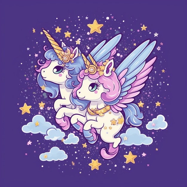 Unicorns flying in the sky with stars and clouds generative ai