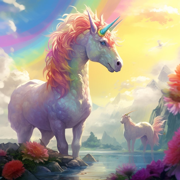 unicorns standing on rocks in front of a rainbow colored sky generative ai