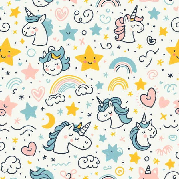 unicorns and stars are drawn in a cartoon style