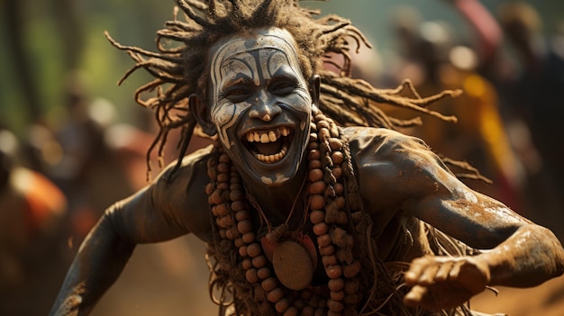 Unidentified african man with painted face and dreadlocks dance Diani Beach Kenya Mombasa