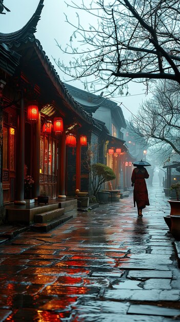 ウハン旧市街の通りを歩く身元不明の中国人女性