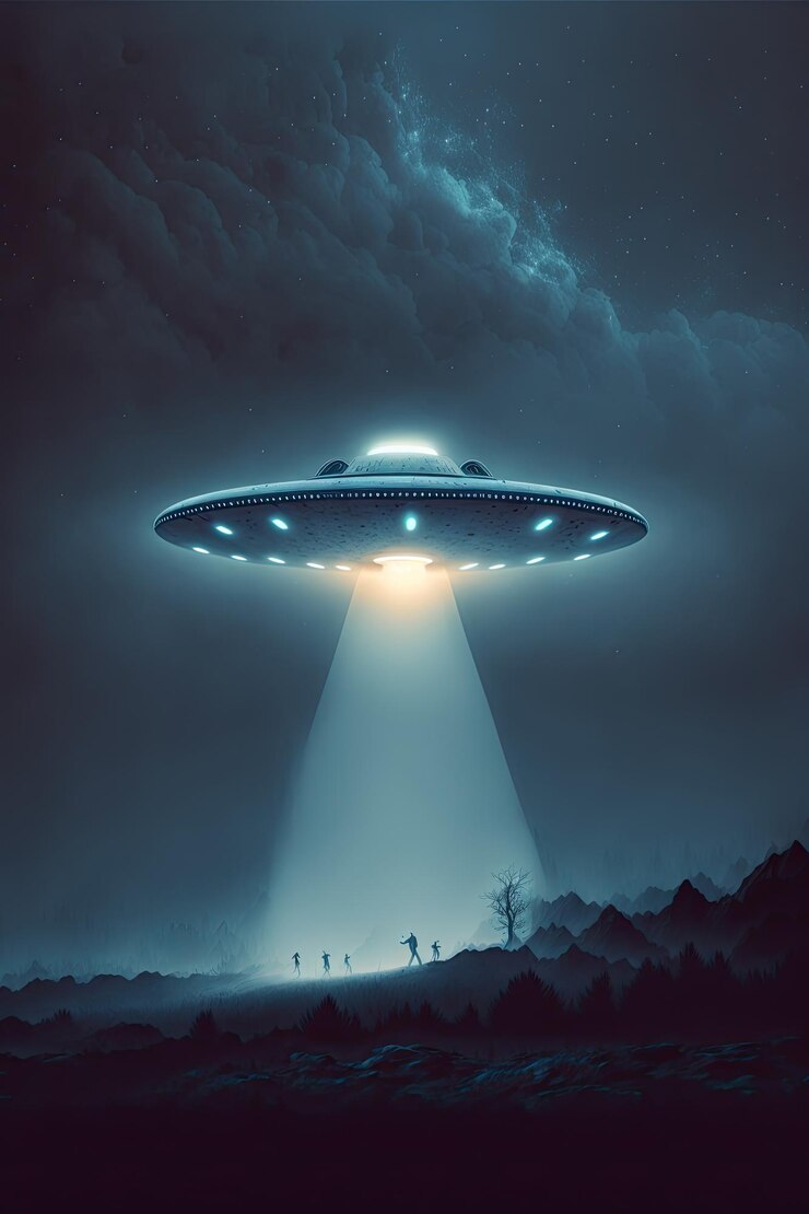 Photo unidentified flying object futuristic ufo on the black background with beam of light down ai generative