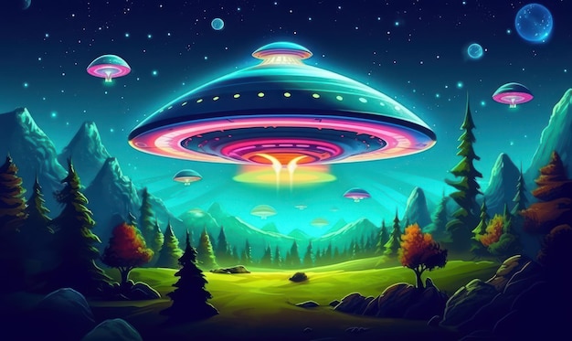 Неопознанный летающий объект. Иллюстрация НЛО. Инопланетная тарелка, парящая над фоном.
