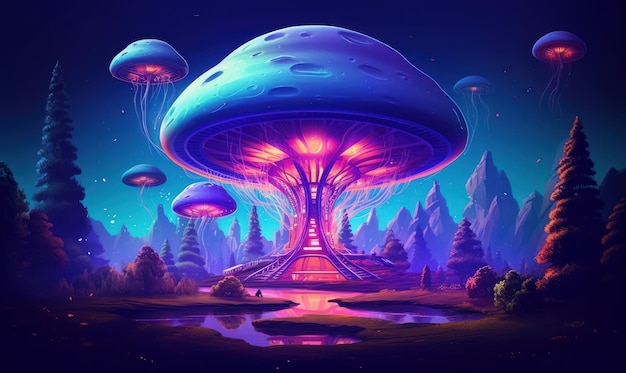 Unidentified Flying Object UFO Illustration Alien Plate Hovering Over Background Generative Ai