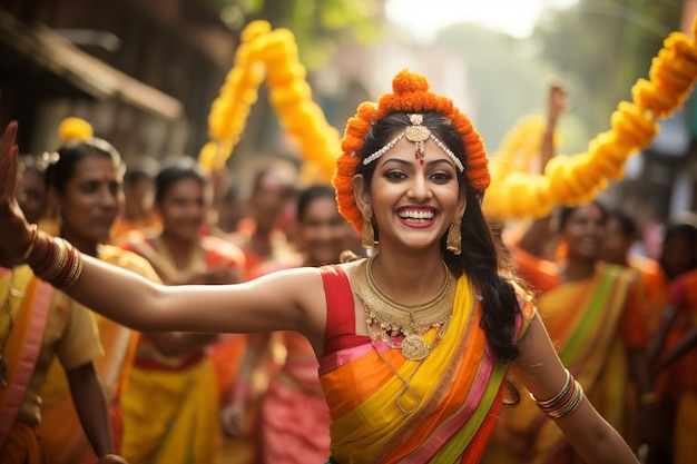 ホリの祭りでサリーを着て踊る未知のインド人女性