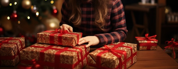 Unidentified individual wrapping holiday gifts in charming craft paper for Christmas