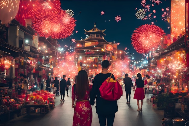 Unidentified people walking on the street during Chinese New Year celebration