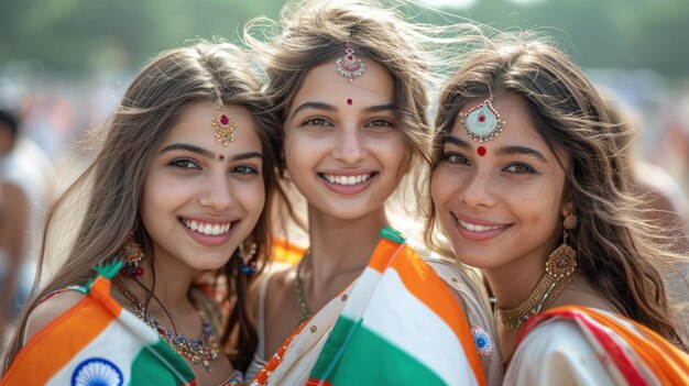 Photo unidentified three indian girls at the holi festival in kolkata