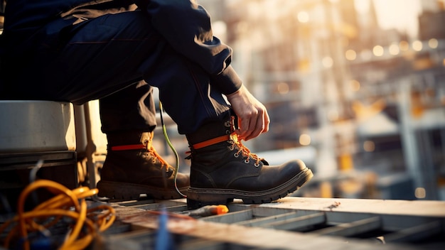 Unidentified worker engrossed in tasks ties shoelace amidst vibrant construction site