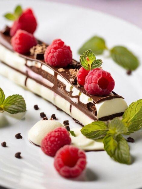 Uniek dessert witte en donkere chocolade cannelloni met delicate mascarpone mousse en frambozen