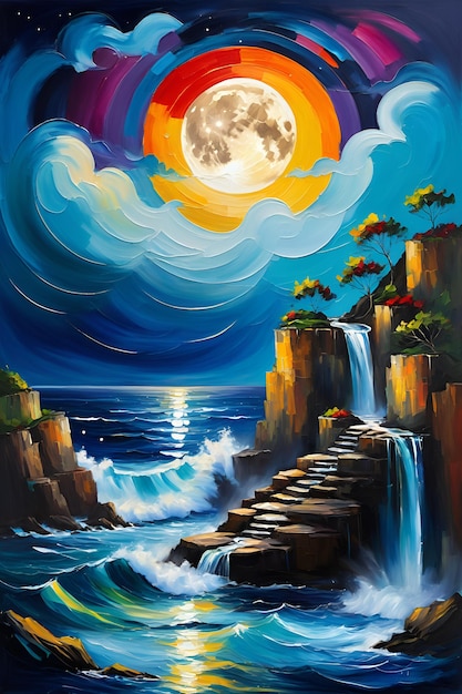 Uniek digitaal schilderij maanlicht zee uitzichten watervallen en abstracte kleuren