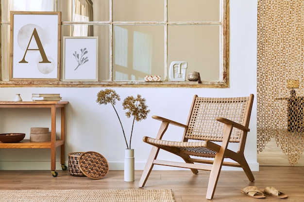 Uniek woonkamerinterieur met stijlvolle rotan fauteuil, design meubelen, droogbloemen, lijsten, houten vloer, decoratie en elegante persoonlijke accessoires. Modern huis.