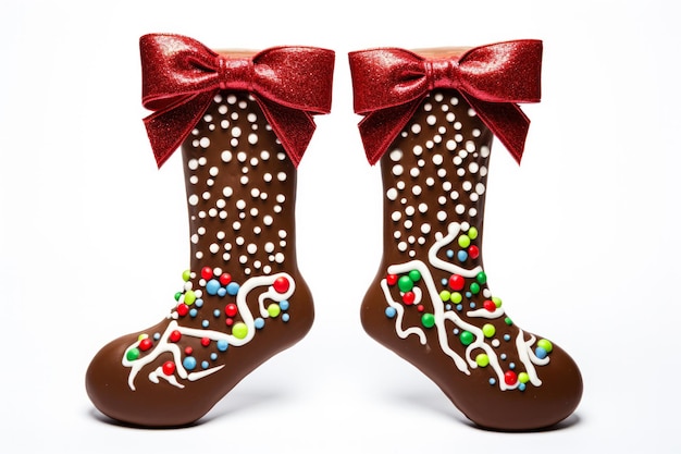 Foto unieke chocolade kerstkousen versierd met vakantie sprinkles geïsoleerd op een witte achtergrond