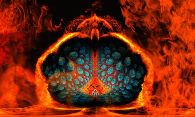 Unieke d-illustratie die eruitziet als een fantastische lotusbloem met tropisch fruit in koud vuur