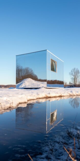 Unieke kleine huiskubus met spiegelende buitenkant in een besneeuwd landschap