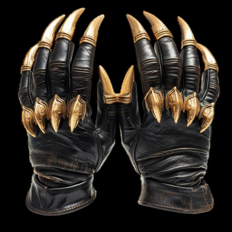 Foto unieke zwarte handschoenen met gouden klauw accenten weergegeven