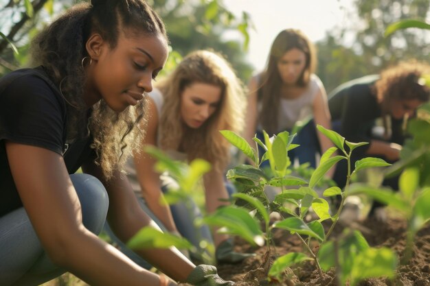 Foto sforzo unito per piantare alberi per un ambiente sostenibile