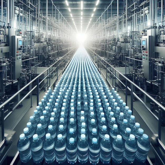 Uniform rows of water bottles convey mass production and the beverage industrys role in global