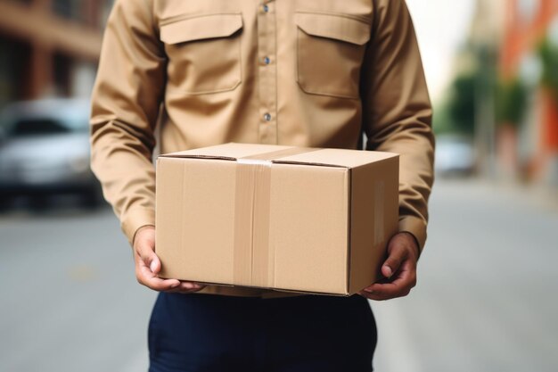 Фото Курьер в форме из службы доставки держит в руках картонную коробку