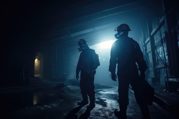 Uniformed engineers and workers walk around the plant using flashlights on their helmets AI