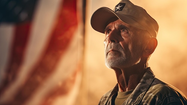 Foto uomo in uniforme in piedi davanti alla bandiera americana che simboleggia il patriottismo e il servizio giorno dell'indipendenza americana