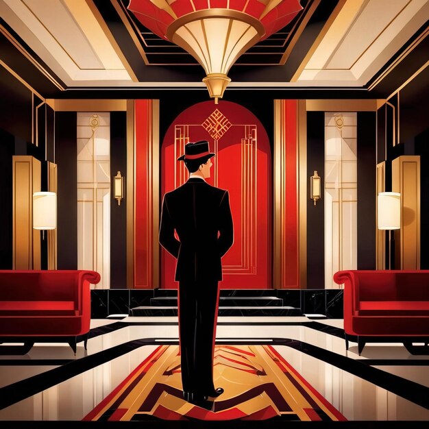 Foto personale di servizio in uniforme, cameriere, portiere nell'atrio di un hotel o di un appartamento, stile classico retro art deco