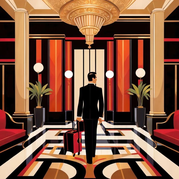 Photo uniformed service staff bellboy doorman in lobby of hotel or apartment classic retro art deco sty