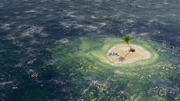 Uninhabited or desert island with palm trees on it in the shallow turquoise water. 3d rendering