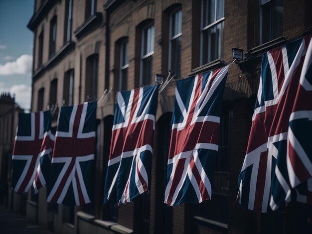 Празднование Юнион Джека в Англии с развешанными флагами на улицах AI Generated