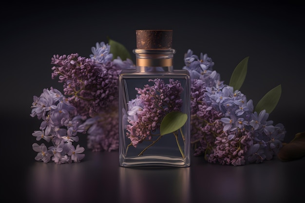 Unique and aromatic lilac fragrance in vial. Blooming lilac scent photography