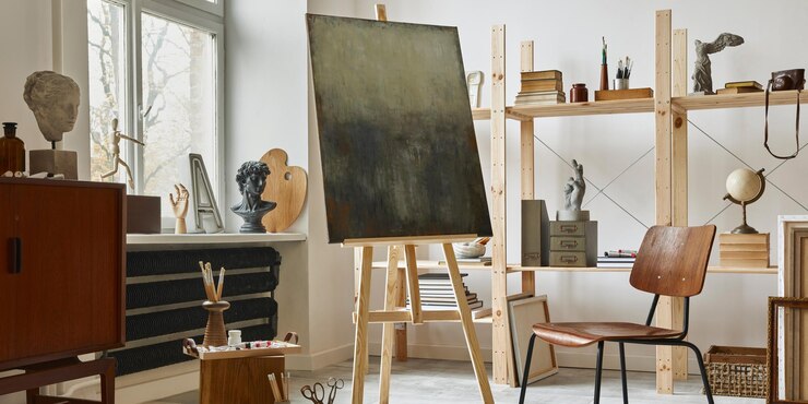 Unique artist workspace interior with stylish teak commode wooden easel bookcase artworks painting accessories decoration and elegant personal stuff Modern work room for artist Template