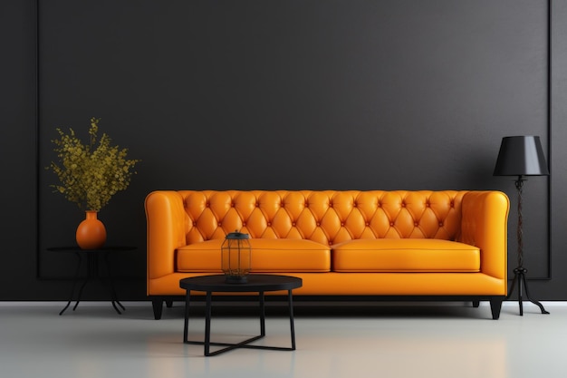 ユニークな黒い壁のオレンジ色のソファ 壁の植物 Generate Ai