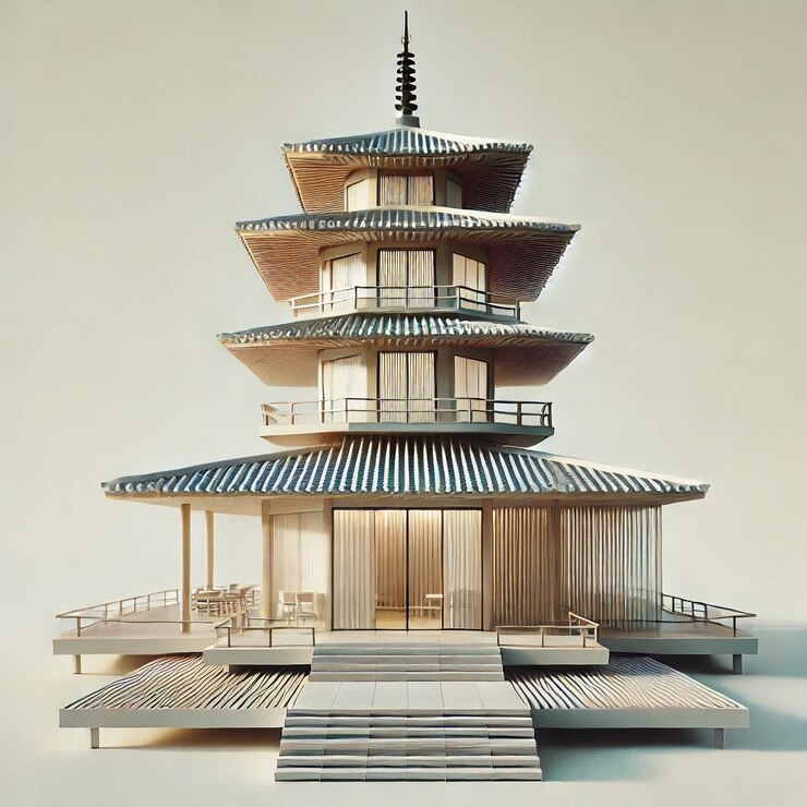 Photo a unique blend of traditional pagoda and modern architecture with sustainable materials