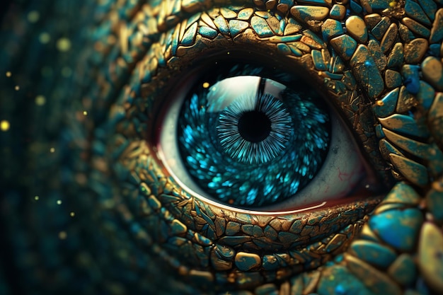 Уникальный крупный план экзотического глаза, слившегося с технологией и природой