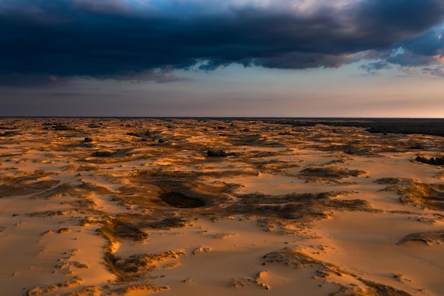 A unique desert park at sunset Ukraine National Nature Park Oleshky Sands in the rays of the setting sun