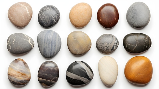 白い背景に分離されたユニークなデザインのカラフルな海石コレクション海の岩の小石